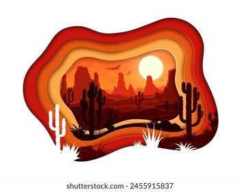 Paisaje del desierto mexicano en forma de corte de papel con cactus y montañas, fondo de Vector. Valle del desierto de México, Texas o Arizona con rocas de cañón, águilas voladoras y sol en el cielo en capas de papel cortado