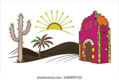 Mexican Desert Landscape Vector Illustration with Cactus Mission Church and Sun for Travel Design
