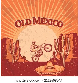 MEXICAN DESERT MOTORCYCLE RIDER ILLUSTRATION