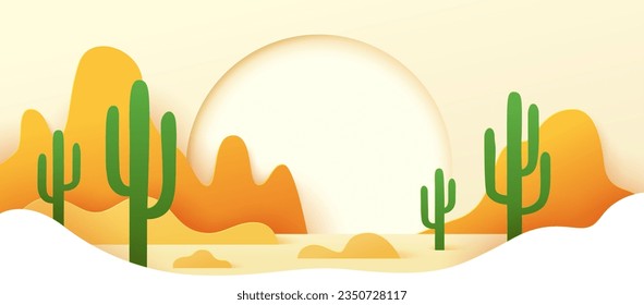 Mexican desert paper cut landscape with mountains, sand and cactuses. Vector vibrant 3d papercut art with rocks, sandy dunes, and iconic cacti, capturing the nature beauty of western arid environment