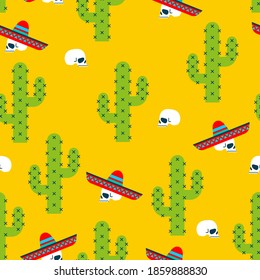 Mexican desert pattern seamless. Cactus and skull background.
