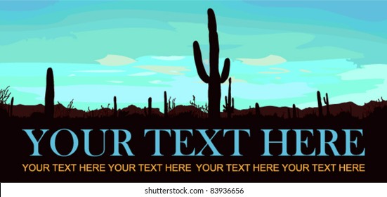 Mexican desert sunrise with cactus. Vector illustration. Place for your text.