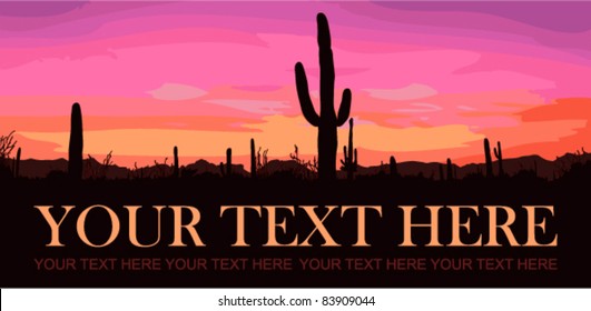 Mexican Desert Sunset With Cactus. Vector Illustration. Place For Your Text.