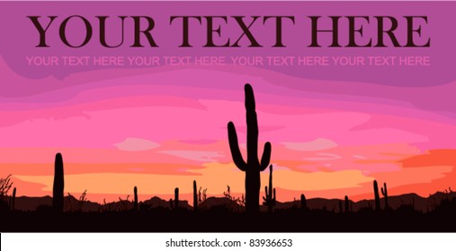 Mexican Desert Sunset With Cactus. Vector Illustration. Place For Your Text.