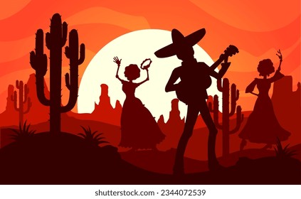 Paisaje de puesta de sol en el desierto mexicano. Silhouettes de músico mariachi y mujer bailarina. Escena festiva vectorial de la celebración tradicional de fiestas en México con figuras masculinas y femeninas en el desierto del atardecer