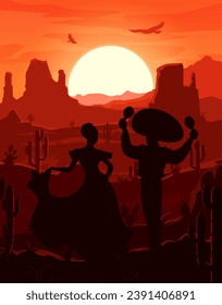 Mexican desert sunset landscape with silhouettes of cowboy and dancing woman, vector background. Mexico desert landscape with mariachi man in sombrero with maracas and woman in national Mexican dress