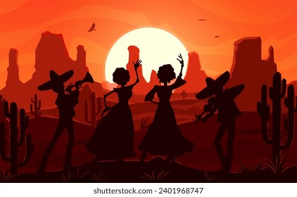 Paisaje de puesta de sol en el desierto mexicano. Siluetas de mujeres bailarinas y músicos con sombrero sombrero de sombrero ante el fondo vectorial de las montañas del desierto del Lejano Oeste, cactús, puesta del sol y pájaros en el cielo naranja