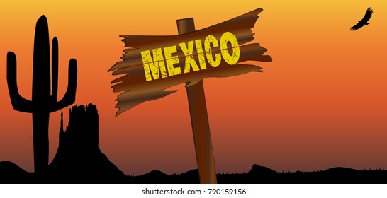 A Mexican desert sunset scene with cactus