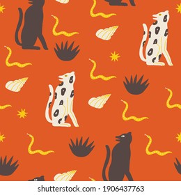Mexican desert wild animals seamless pattern. Cheetahs, snakes and shells contemporary illustration with Avantgarde and simple collage shapes. 