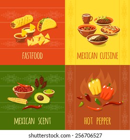 Mexican design concept set with fast food cuisine scent hot pepper icons isolated vector illustration