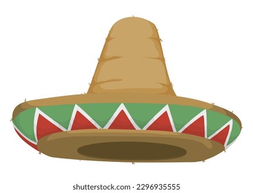 Mexican design in sombrero or charro hat made with rustic straw, decorated with green, white and red triangles in the brim.