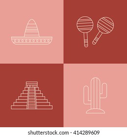 Mexican design with sombrero, maracas, cactus, pyramid, vector illustration