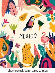 Mexican design. Vector mexican illustration with animals and tropical colorful pattern