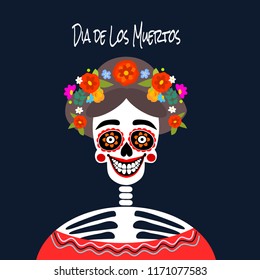 Mexican Dia de los Muertos (Day of the Dead) skeleton woman, greeting card, vector illustration.