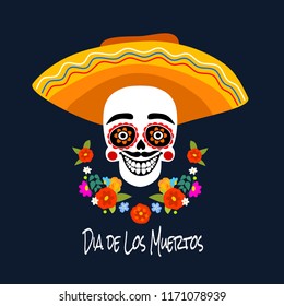 Mexican Dia de los Muertos (Day of the Dead) skeleton head, greeting card, vector illustration.