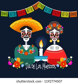 Mexican Dia de los Muertos (Day of the Dead) skeleton couple by a candle, greeting card, vector illustration.