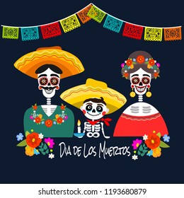 Mexican Dia De Los Muertos (Day Of The Dead) Skeleton Family, Greeting Card, Vector Illustration.