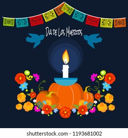 Mexican Dia de los Muertos (Day of the Dead) candle with pumpkins, greeting card, vector illustration.