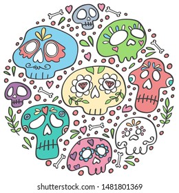 Mexican Dia de los Muertos (Day of the Dead) skull in circle. Day of Dead holiday skulls. Round icon for the party. Circle concept with sugar skulls. Pastel colors. Doodle style vector hand drawn.