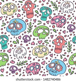 Mexican Dia de los Muertos skull pattern. Day of Dead holiday skulls background. Pattern for the party banner. Doodle style vector. Texture for textile, wrapping, fabric and other