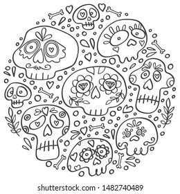 Mexican Dia de los Muertos skull in circle. Day of Dead holiday skulls. Round icon for the party. Circle concept with sugar skulls outline. Doodle style vector hand drawn.
