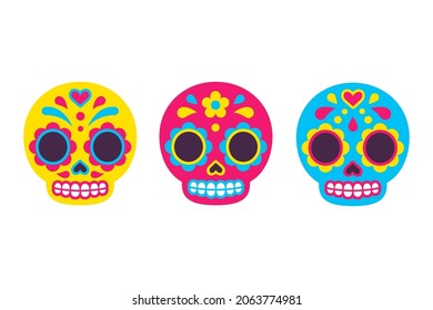 Mexican Dia de los Muertos (Day of the Dead) sugar skull icons. Cute cartoon illustration set in flat vector style.