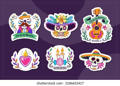 Mexican Dia de los Muertos stickers. 6 stickers with traditional Mexican elements to celebrate the Day of the Dead. Isolated elements, perfect for sticker designs, online posts, party events. Set 1-3.