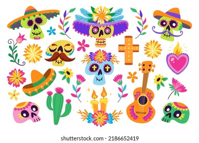 Mexican Dia de los Muertos cliparts. Colorful background with 24 cliparts to celebrate the Mexican Day of the Dead. Isolated elements, perfect for sticker designs, online posts, party events.