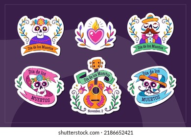 Mexican Dia de los Muertos stickers. 6 stickers with traditional Mexican elements to celebrate the Day of the Dead. Isolated elements, perfect for sticker designs, online posts, party events. Set 3-3.