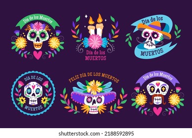 Mexican Dia de los Muertos labels. 6 different labels with traditional Mexican elements to celebrate the Day of the Dead. Isolated elements, perfect for sticker designs, online posts, party events... 