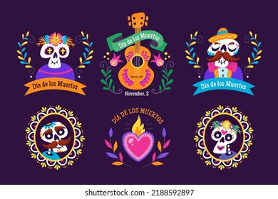 Mexican Dia de los Muertos labels. 6 different labels with traditional Mexican elements to celebrate the Day of the Dead. Isolated elements, perfect for sticker designs, online posts, party events... 