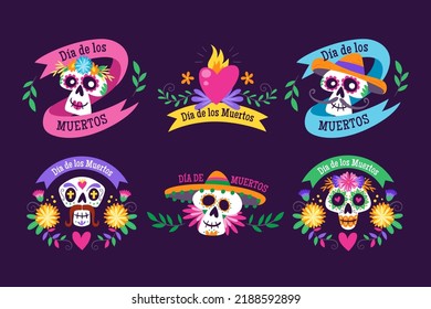 Mexican Dia de los Muertos labels. 6 different labels with traditional Mexican elements to celebrate the Day of the Dead. Isolated elements, perfect for sticker designs, online posts, party events... 