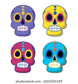 Mexican Dia de los Muertos (Day of the Dead) sugar skull icons. Cute cartoon illustration set in flat vector style.