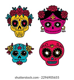 Mexican Dia de los Muertos - Day of the Dead - sugar skulls set. Cute heads with flowers. Simple vector illustration in doodle hand drawn style.