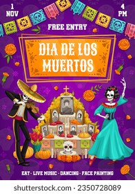 Mexican dia de los muertos holiday flyer. Vector greeting card with Catrina dancer and mariachi musician skeleton perform near the altar with dead ancestor photos, marigold flowers, papel picado flags