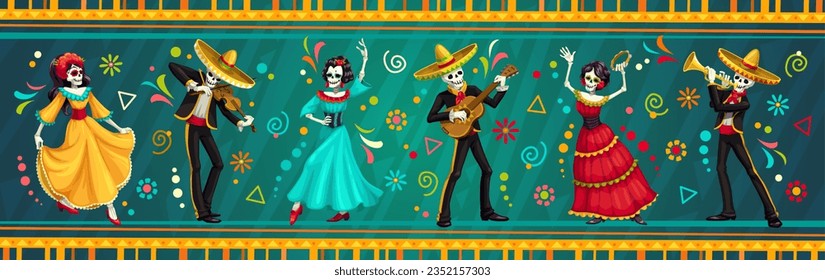 Mexican Dia de Los Muertos holiday characters with catrina calavera skull and mariachi musicians, vector banner. Dia de los Muertos or Dead Day fiesta carnival music band in sombrero with guitars