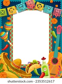 Mexican Dia de Los Muertos banner with papel picado flags, guitar and marigold flowers, vector background. Mexican Day of Dead holiday tequila and maracas, taco and tequila in frame of papel picado