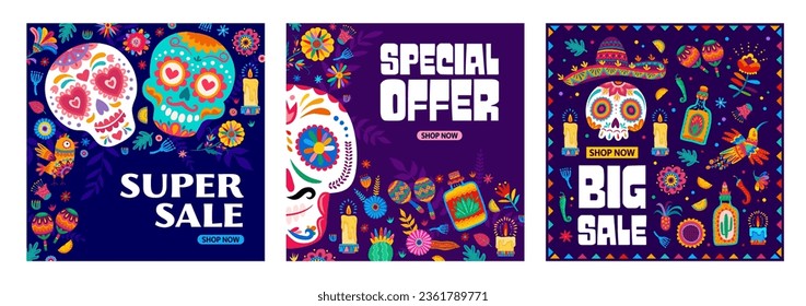 Carteles vectoriales de venta del Día de los Muertos mexicanos para oferta especial. Banner de promoción de venta de flash y venta de venta caliente para las vacaciones de Dia De Los Muertos con calaveras adornadas