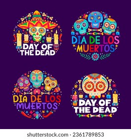 Mexican Dia De Los Muertos or Day of Dead holiday banners, vector calavera skulls. Dia de Los Muertos fiesta decorations with candles, chili peppers and Mexican floral ornament for dead day carnival