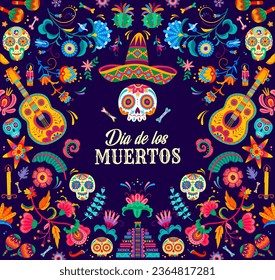 Banner mexicano de los muertos con calavera de azúcar. Día de la muerte de fondo vectorial de vacaciones en el tradicional estilo alebrije con sombrero mariachi, guitarras, huesos, pinata o flores tropicales