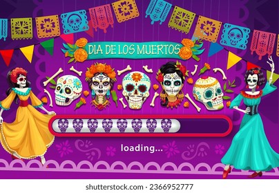 Mexican Dia de Los Muertos holiday loading page. Day of the Dead celebration event. Dia de Los Muertos banner or loading page vector template with Catrina flamenco dancer, calavera sugar skulls