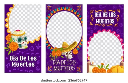 Mexican Dia de Los Muertos holiday social media template banners. Day of the Dead holiday frame. Mexican culture poster, holiday banners or vector frames with sugar ornate skulls, candles on altar