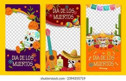 Mexican dia de los muertos holiday social media template banners, day of the death. Vector frames with sugar skull, marigolds , guitar and sombrero hat. Tequila, maracas, altar and papel picado flags