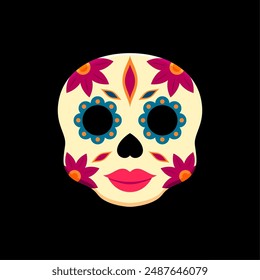 Mexican Dia de Los Muertos holiday sugar skull. Mexico Day of the Dead celebration symbol, sugar calavera woman skull with floral ethnic ornaments, death face isolated vector mask, sticker or tattoo