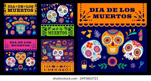 Mexican dia de los muertos day of the dead holiday banners. Vector square backgrounds, social media history screen templates, festive party greeting cards with calavera sugar skulls and floral motifs