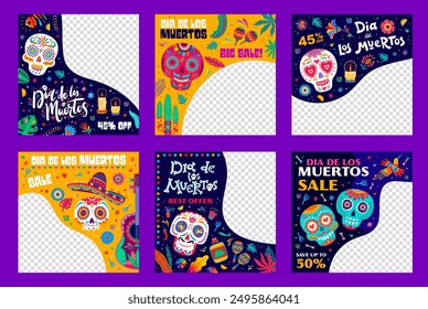 Mexican dia de los muertos day of the dead holiday sale banners. Empty vector frames or promo backgrounds, featuring colorful calavera skulls, tropical flowers, sombrero and maracas in alebrije style