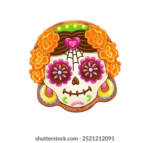 Mexican Dia de Los Muertos calavera skull cookie or biscuit cake for Dead Day holiday, cartoon vector. Mexican Catrina calavera sugar skull biscuit cookie with marigold flowers and hearts for Dead Day