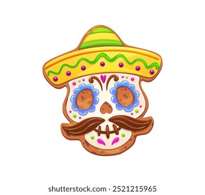 Mexican Dia de Los Muertos skull cookie in sombrero for Dead Day holiday, cartoon vector. Mexican calavera sugar skull biscuit or cookie cake with mustaches and sombrero for Day of the Dead holiday