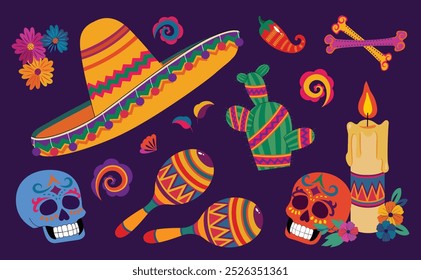 Dia mexicano de los Muertos conjunto de elementos vetoriais. chapéu sombrero, crânio de açúcar, maracas, vela de altar. Dia da celebração morta