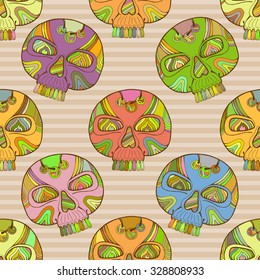 Mexican dia de los muertos calavera, vector day of the dead skull seamless pattern, colorful skull background